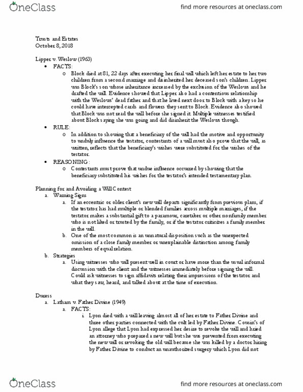LAW 668 Lecture Notes - Lecture 11: Testator, Probate Court thumbnail