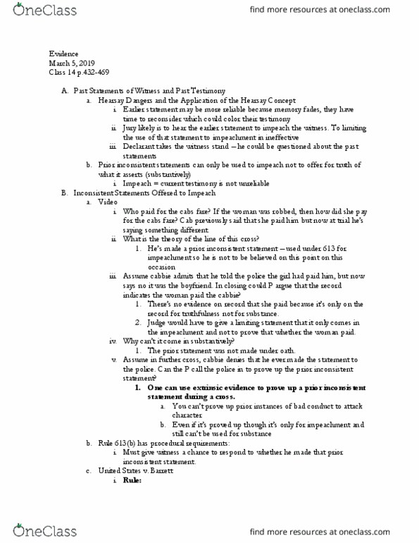 LAW 682 Lecture Notes - Lecture 14: Prior Consistent Statements And Prior Inconsistent Statements, Taxicab, Declarant thumbnail