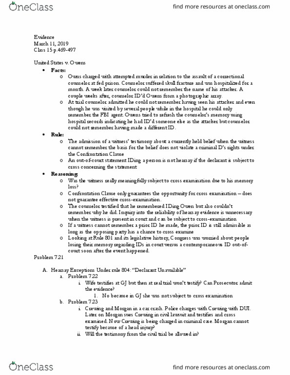 LAW 682 Lecture Notes - Lecture 15: Confrontation Clause, The Counselor, Declarant thumbnail