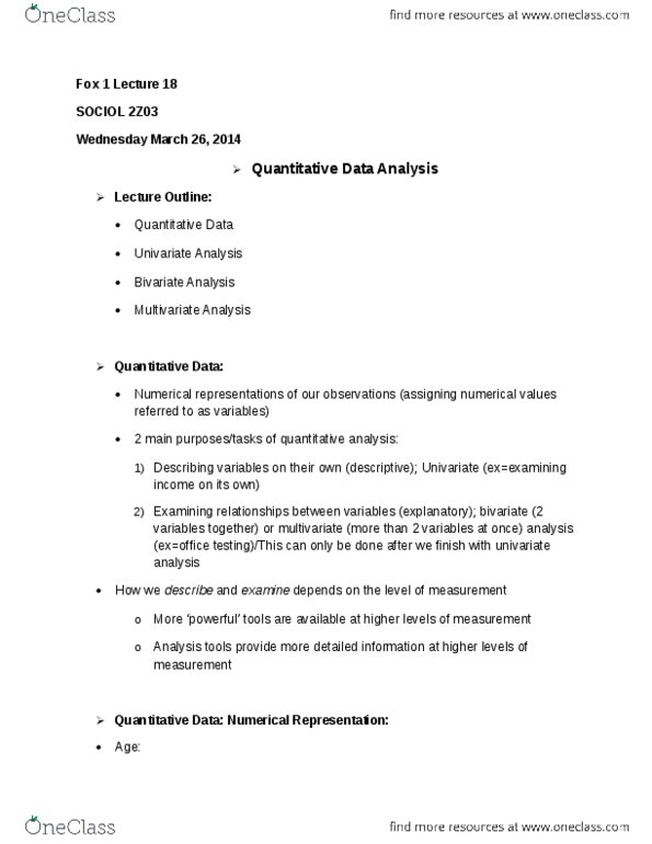 SOCIOL 2Z03 Lecture Notes - Lecture 18: Empirical Relationship, X&Y, Univariate Analysis thumbnail