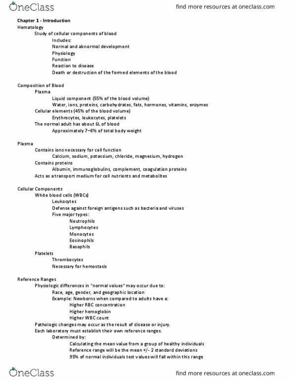 MEDT 315 Lecture Notes - Lecture 1: Reference Range, Platelet, Blood Plasma thumbnail