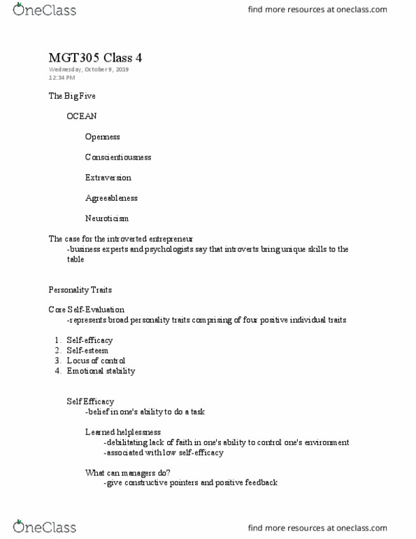 MGT 305 Lecture Notes - Lecture 4: Learned Helplessness, Extraversion And Introversion, Neuroticism thumbnail