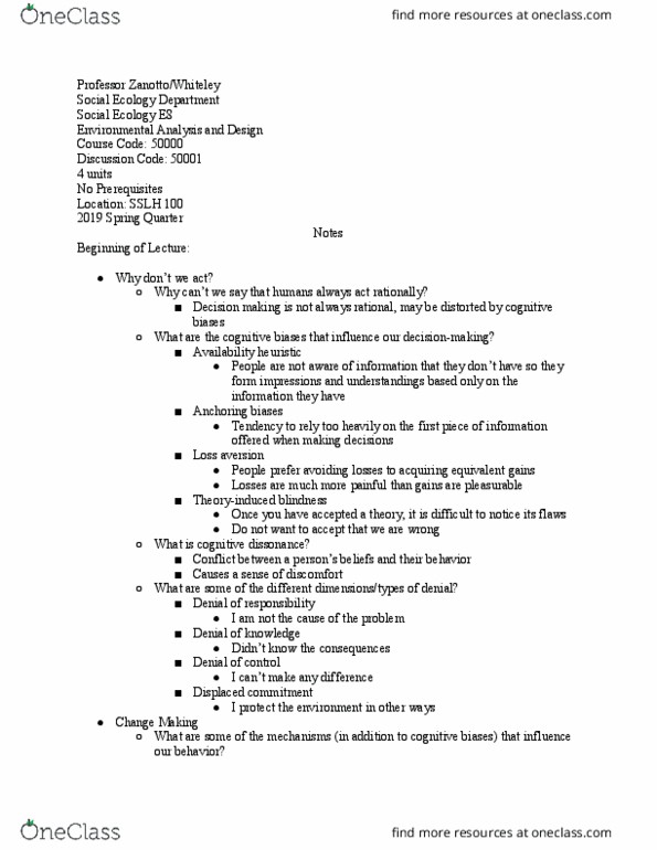 SOCECOL E8 Lecture Notes - Lecture 30: Cognitive Dissonance, Loss Aversion, Availability Heuristic thumbnail