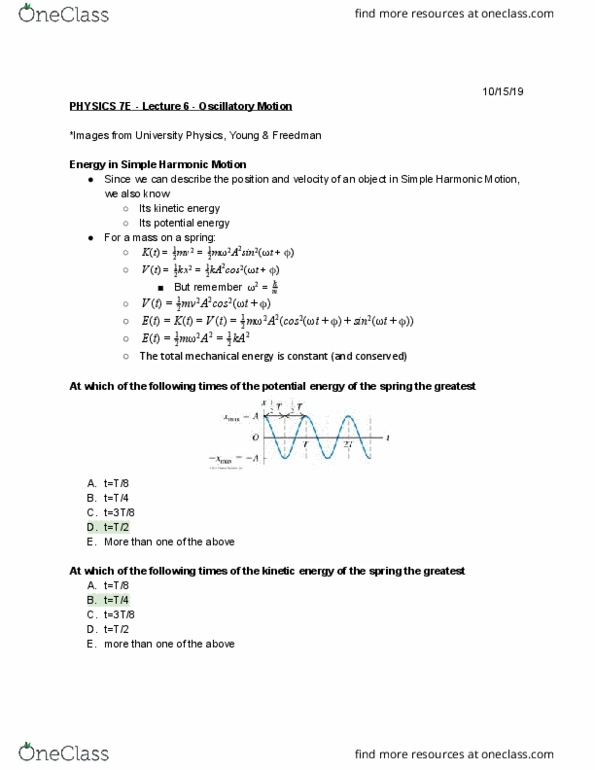 PHYSICS 7E Lecture Notes - Lecture 6: Simple Harmonic Motion, Angular Frequency, Damping Ratio thumbnail