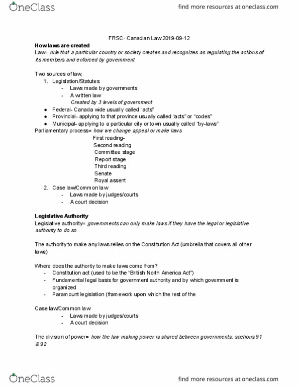 FRSC 1011H Lecture Notes - Lecture 2: Royal Assent, Legal Citation, Enumerated Powers thumbnail