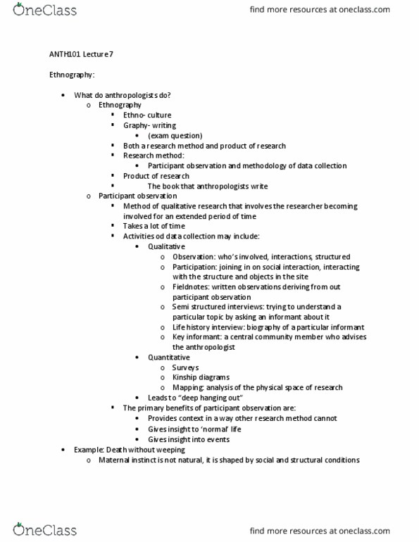 ANTH101 Lecture Notes - Lecture 7: Semi-Structured Interview, Participant Observation, Ethnography thumbnail