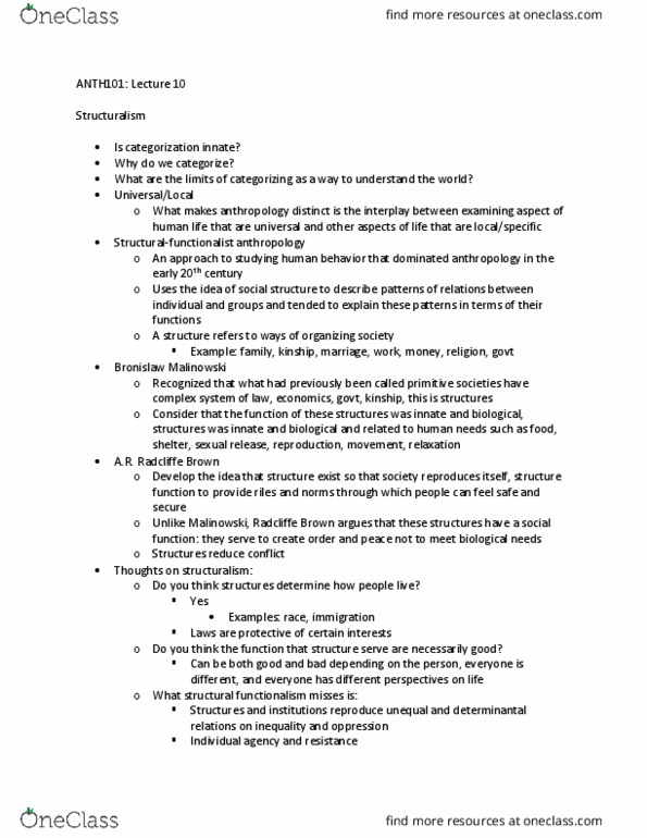 ANTH101 Lecture Notes - Lecture 10: Structural Functionalism, Mary Douglas thumbnail