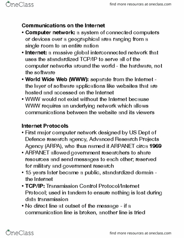 Computer Science 1033A/B Lecture Notes - Lecture 12: Darpa, Arpanet, Computer Network cover image