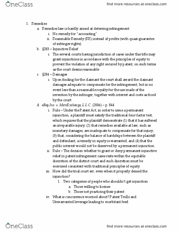 LAW 645 Lecture Notes - Lecture 14: Patent Infringement, Mercexchange, Apotex thumbnail
