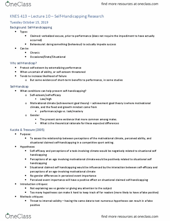 KNES 413 Lecture Notes - Lecture 10: Mindset, Internal Validity, Socioeconomic Status thumbnail