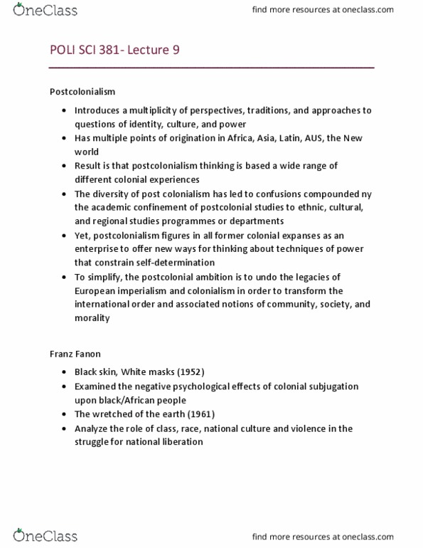 POLI 381 Lecture Notes - Lecture 9: Frantz Fanon, Postcolonialism, Post-Structuralism thumbnail