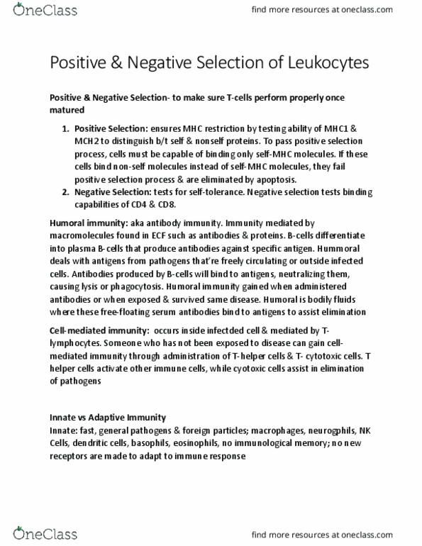 BIOL 3140 Chapter Notes - Chapter 1.2: T Helper Cell, Cell-Mediated Immunity, Humoral Immunity thumbnail