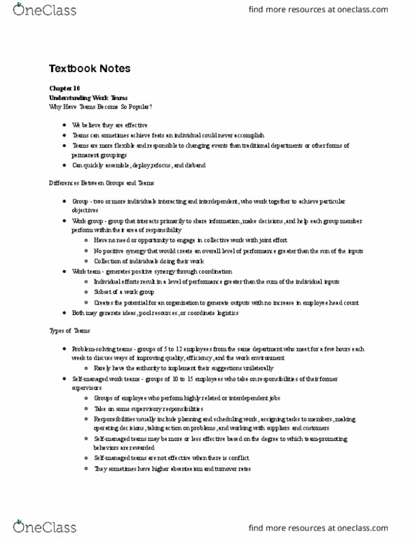 B A 350 Chapter Notes - Chapter 10: Team Effectiveness, Absenteeism, Reward System thumbnail
