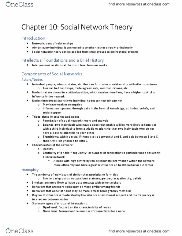 HLT 3301 Chapter Notes - Chapter 10: Homophily, Centrality, Social Capital thumbnail