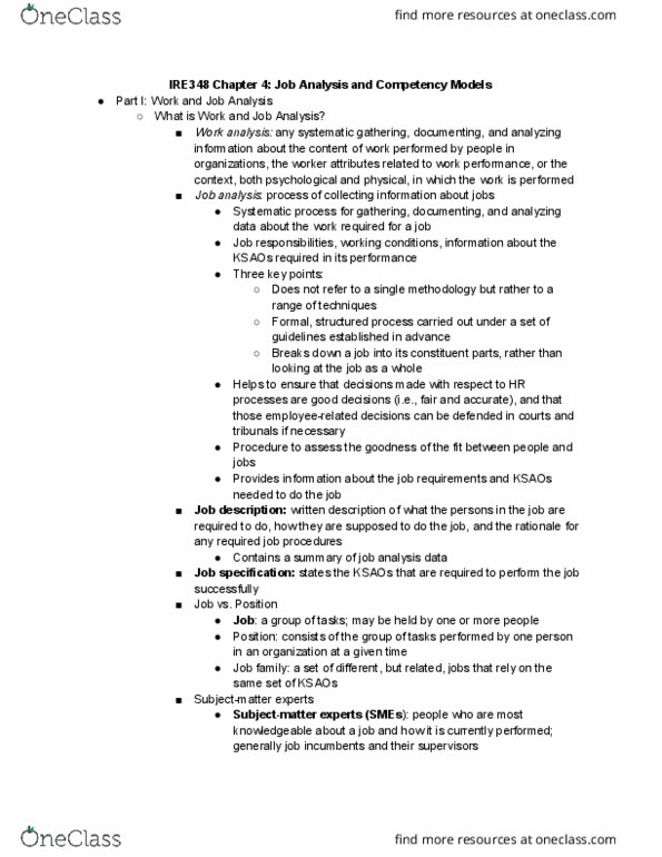 IRE348H1 Chapter Notes - Chapter 4: Job Analysis, Job Performance, Task Analysis thumbnail