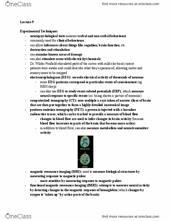 PSYCO104 Lecture Notes - Lecture 9: Functional Magnetic Resonance Imaging, Magnetic Resonance Imaging, Ct Scan thumbnail