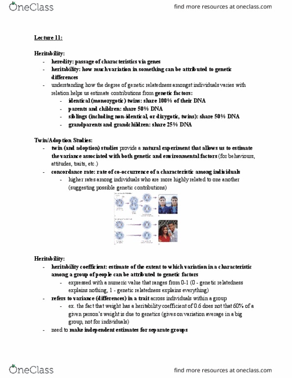 PSYCO104 Lecture Notes - Lecture 11: Twin Study, Natural Experiment, Heritability thumbnail
