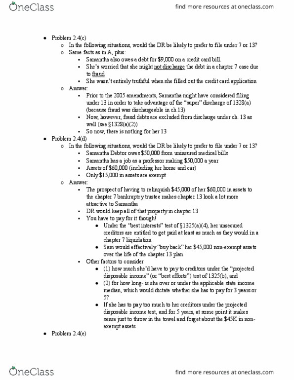 LAW 629 Lecture Notes - Lecture 7: Chapter 7, Title 11, United States Code, Test Screening, Means Test thumbnail