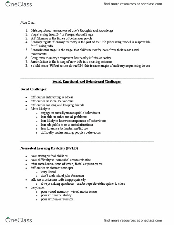 PSYCH312R Lecture Notes - Lecture 9: Nonverbal Communication, Metacognition, Asperger Syndrome thumbnail