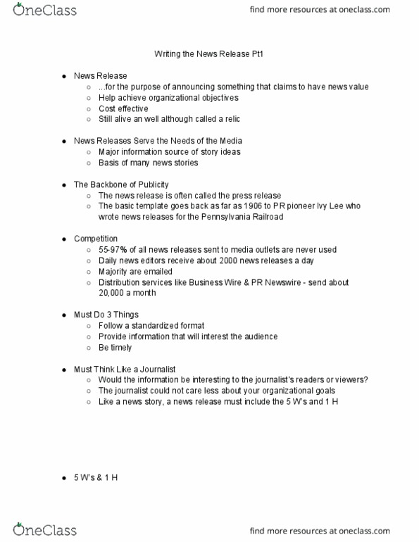 PR 372W Lecture Notes - Lecture 1: Pr Newswire, Five Ws, Business Wire thumbnail