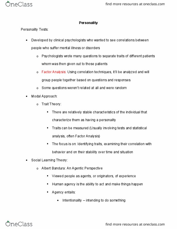 PSYC-101 Lecture Notes - Lecture 5: Albert Bandura, Social Learning Theory, Factor Analysis thumbnail