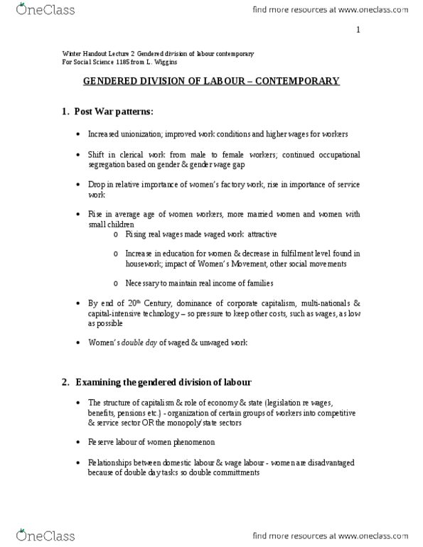 SOSC 1185 Lecture Notes - Occupational Segregation, Wage Labour, Double Burden thumbnail