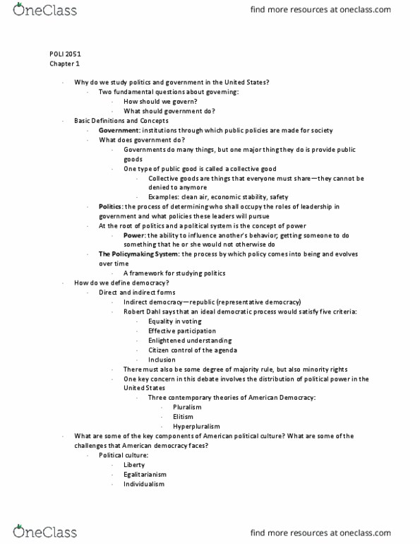 POLI 2051 Lecture Notes - Lecture 1: Robert A. Dahl, Egalitarianism, Age Of Enlightenment thumbnail