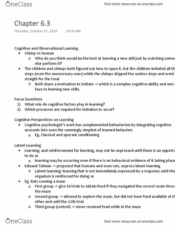 PSYA01H3 Chapter Notes - Chapter 6.3: Edward C. Tolman, Latent Learning, Observational Learning thumbnail