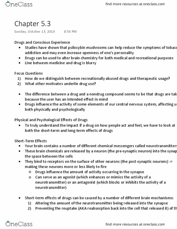 PSYA01H3 Chapter Notes - Chapter 5.3: Recreational Drug Use, Psilocybin, Reuptake thumbnail