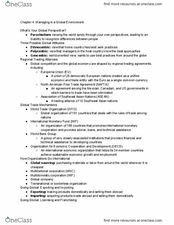 MGT120 Chapter Notes - Chapter 4: North American Free Trade Agreement, World Trade Organization, Multinational Corporation thumbnail