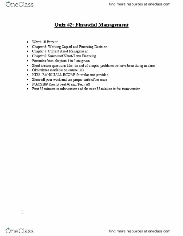 MGMT 3320 Lecture 5: Quiz #2 Financial Management thumbnail