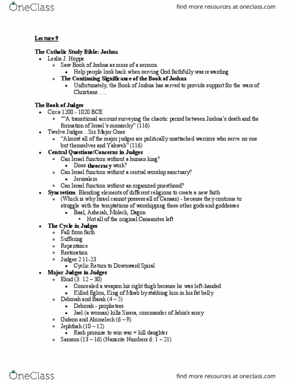 CHRTC 100 Lecture Notes - Lecture 9: Nazirite, Jephthah, Sisera thumbnail