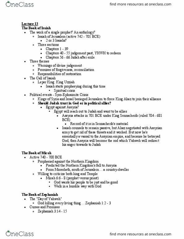 CHRTC 100 Lecture Notes - Lecture 13: Sennacherib, Ahaz, Moresheth-Gath thumbnail