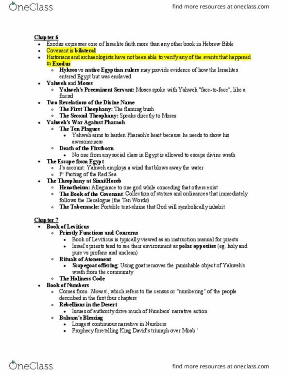 CHRTC 100 Chapter Notes - Chapter 6-7: Plagues Of Egypt, Holiness Code, Book Of Leviticus thumbnail