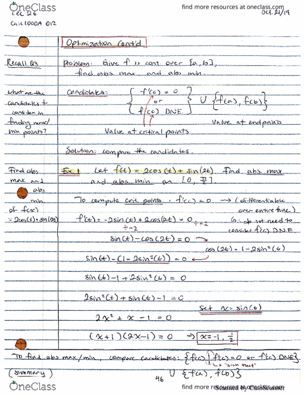 Calculus 1000A/B Lecture 27: Optimization cont'd and inc dec intervals cover image