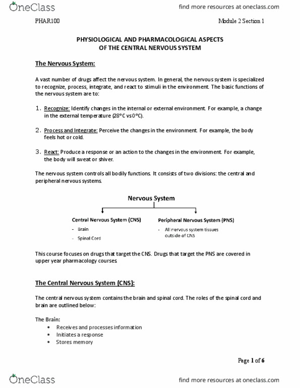 PHAR 100 Chapter Notes - Chapter 2.1: Central Nervous System, Spinal Cord, Pharmacology thumbnail