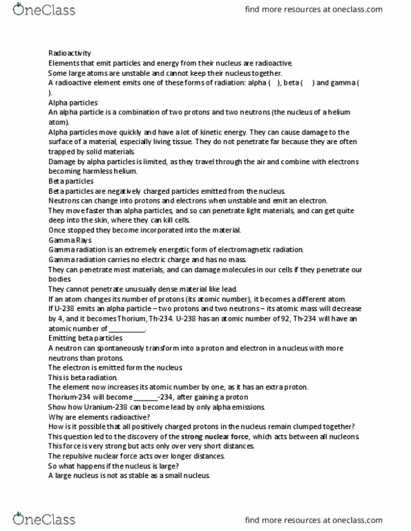 CHEM 10052 Lecture Notes - Lecture 21: Gamma Ray, Alpha Particle, Thorium thumbnail