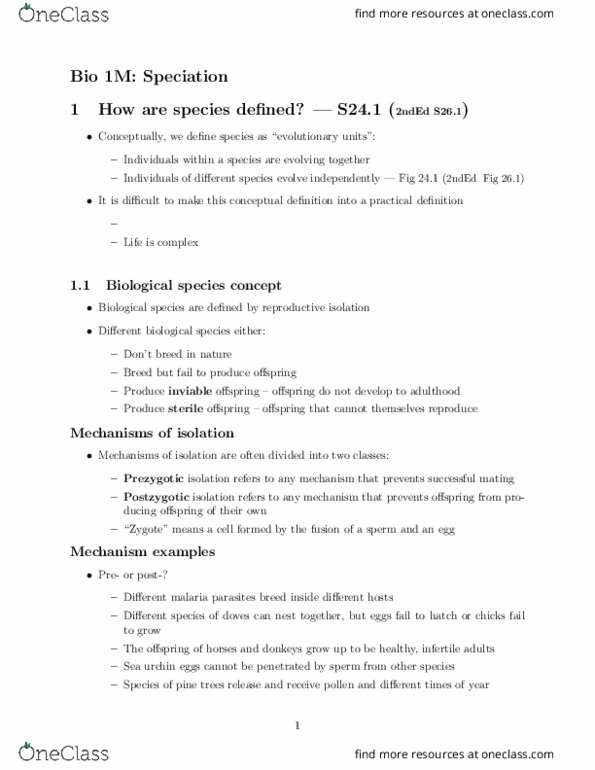 BIOLOGY 1M03 Lecture Notes - Lecture 5: Sea Urchin, Reproductive Isolation, Speciation thumbnail