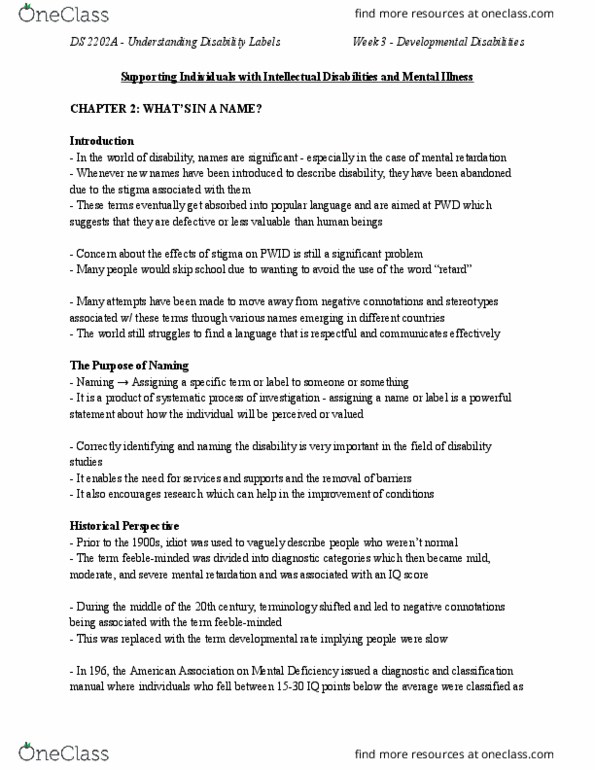 Disability Studies 2202A/B Chapter Notes - Chapter 3: Disability Studies, Intellectual Disability, Developmental Disability thumbnail