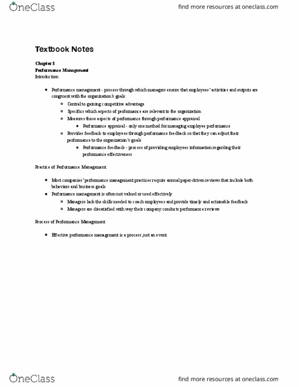 MGT 352 Chapter Notes - Chapter 8: Performance Management, Performance Appraisal, Specific Performance thumbnail