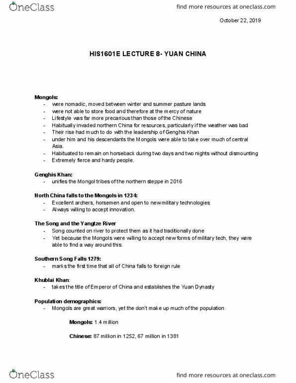 History 1601E Lecture Notes - Lecture 8: Kublai Khan, Central Asia, Habituation thumbnail