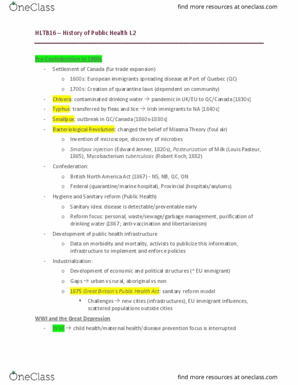 HLTB16H3 Lecture Notes - Lecture 2: Mycobacterium Tuberculosis, Louis Pasteur, Edward Jenner thumbnail