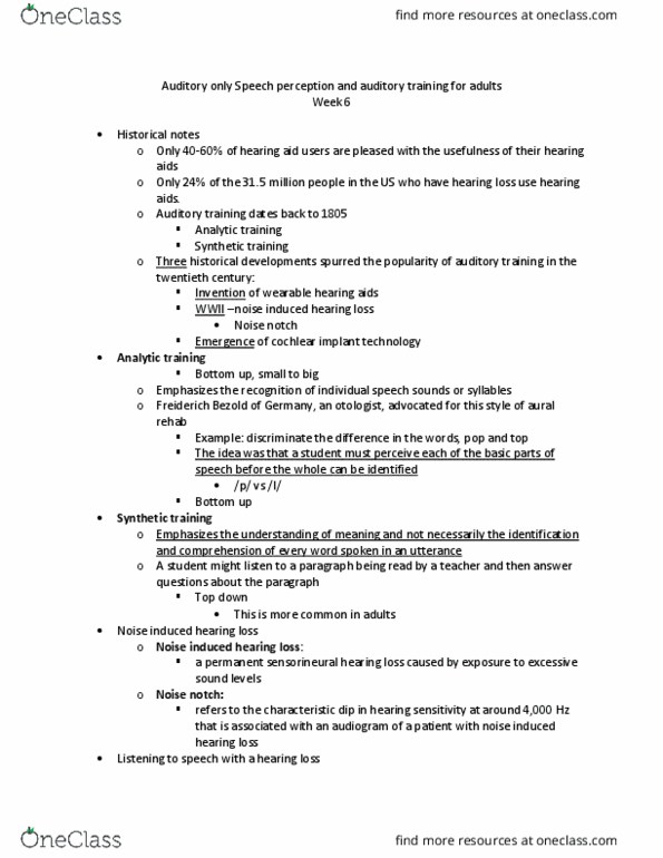 SPA 4321 Lecture Notes - Lecture 8: Noise-Induced Hearing Loss, Sensorineural Hearing Loss, Cochlear Implant thumbnail