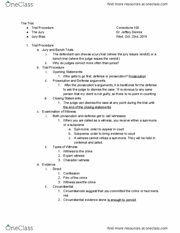 CORR 106 Lecture Notes - Lecture 17: Bench Trial, Jury Trial, Character Evidence thumbnail