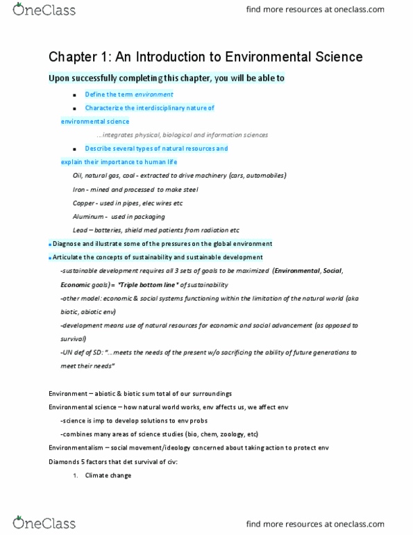 ENV100Y5 Lecture Notes - Lecture 1: Environmental Science, Sustainable Development, Environmentalism thumbnail
