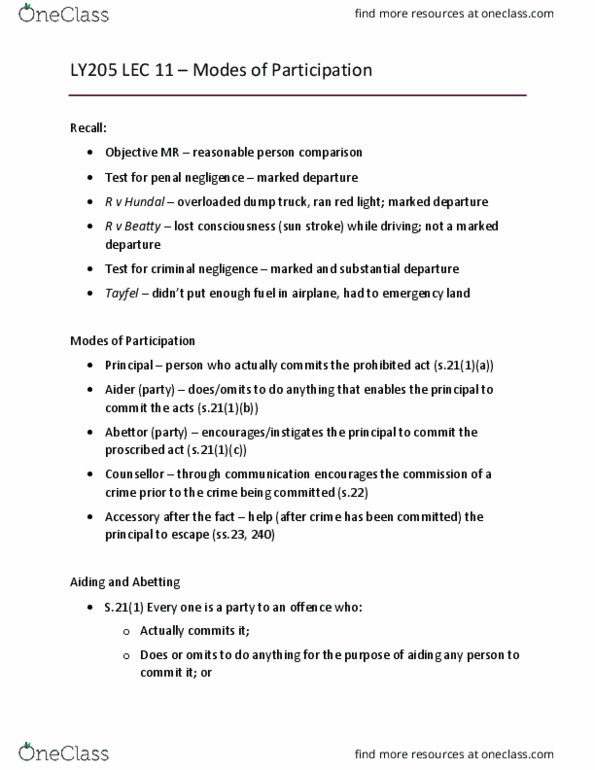 LY205 Lecture Notes - Lecture 11: Heat Illness, Abettor, Criminal Negligence thumbnail