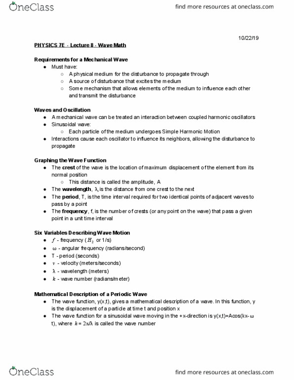 PHYSICS 7E Lecture Notes - Lecture 8: Simple Harmonic Motion, Wavenumber, Angular Frequency thumbnail