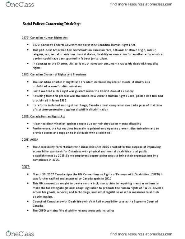 SOWK 4240 Lecture Notes - Lecture 3: Canadian Human Rights Act, Ontario Human Rights Code, Via Rail thumbnail