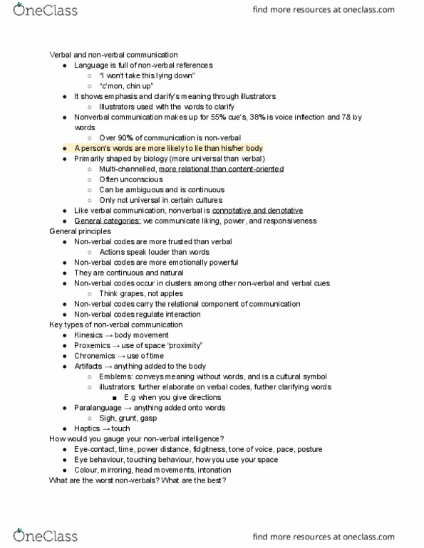 CMN 2130 Lecture Notes - Lecture 2: Nonverbal Communication, Chronemics, Paralanguage thumbnail