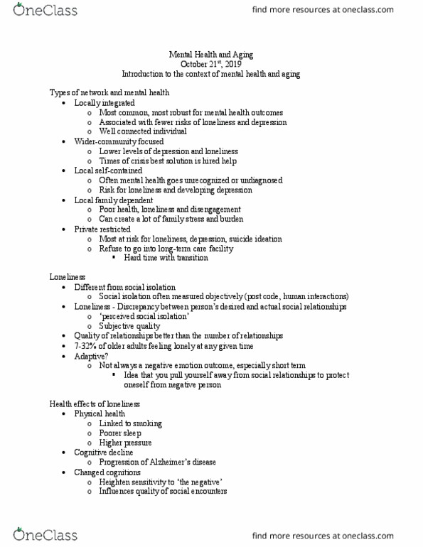 HLTHAGE 3N03 Lecture Notes - Lecture 12: Suicidal Ideation, Social Isolation, Social Cognition thumbnail